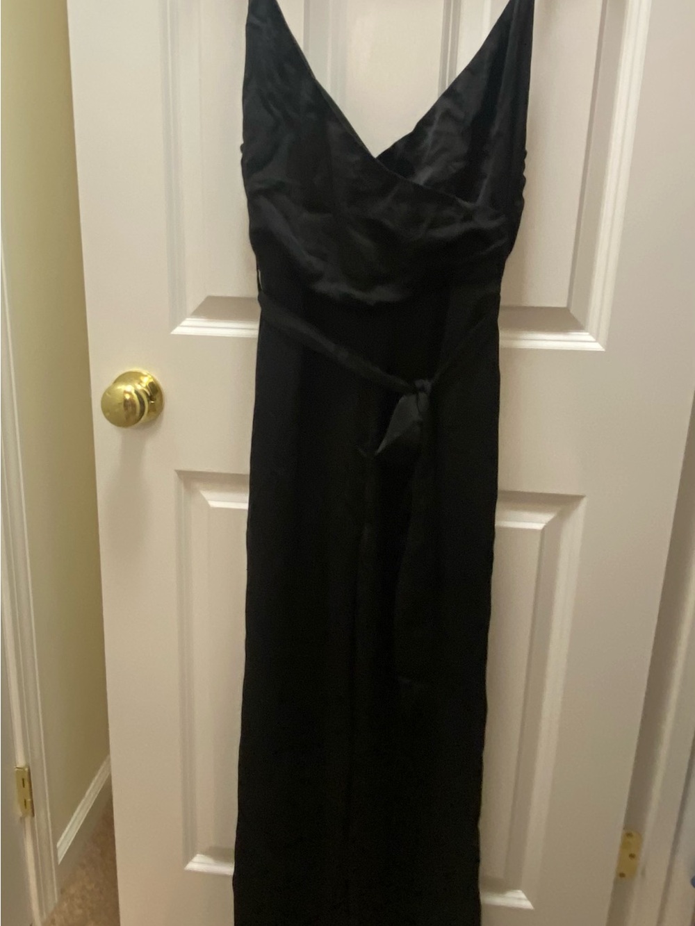 Soft black surplice front jumpsuit adjustable spaghetti straps & tie waist